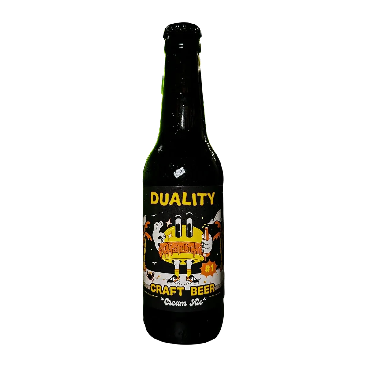 Botella de Cerveza Duality #1, Cream Ale, con la mascota en la etiqueta