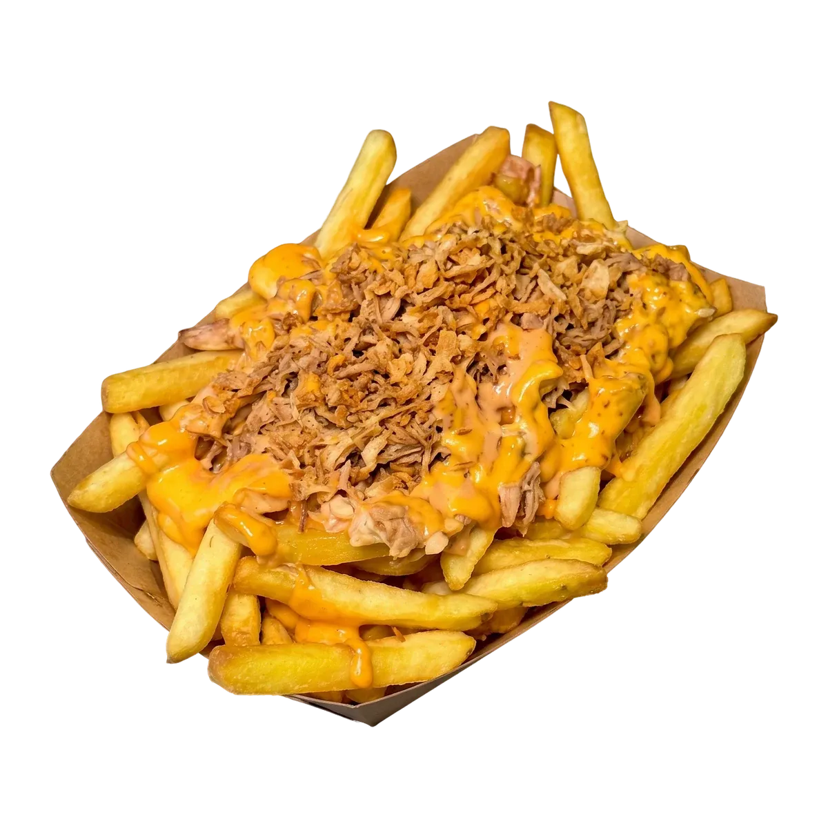 Emmy Pulled Fries: patatas con pulled pork, salsa de queso y cebollino en bandeja de cartón