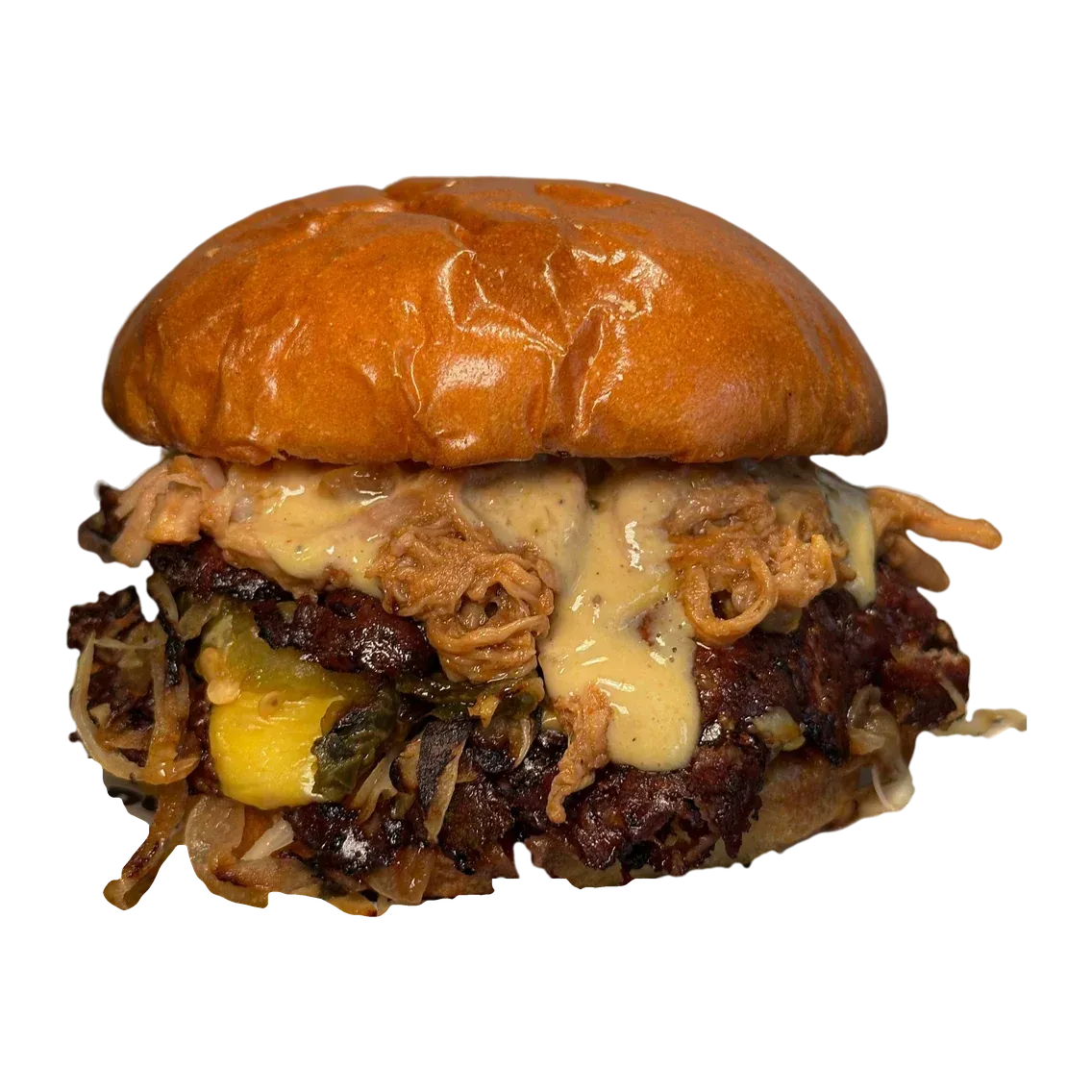 LA PADRÓN: hamburguesa doble con cebolla a la plancha, pulled pork, queso fundido y salsa