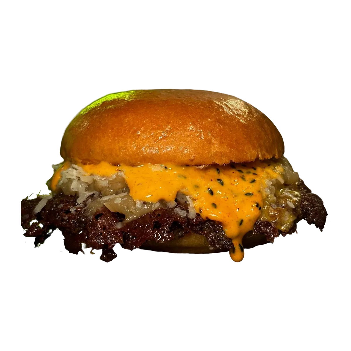 Sweet Emily: hamburguesa doble con cebolla caramelizada, queso rallado y salsa naranja